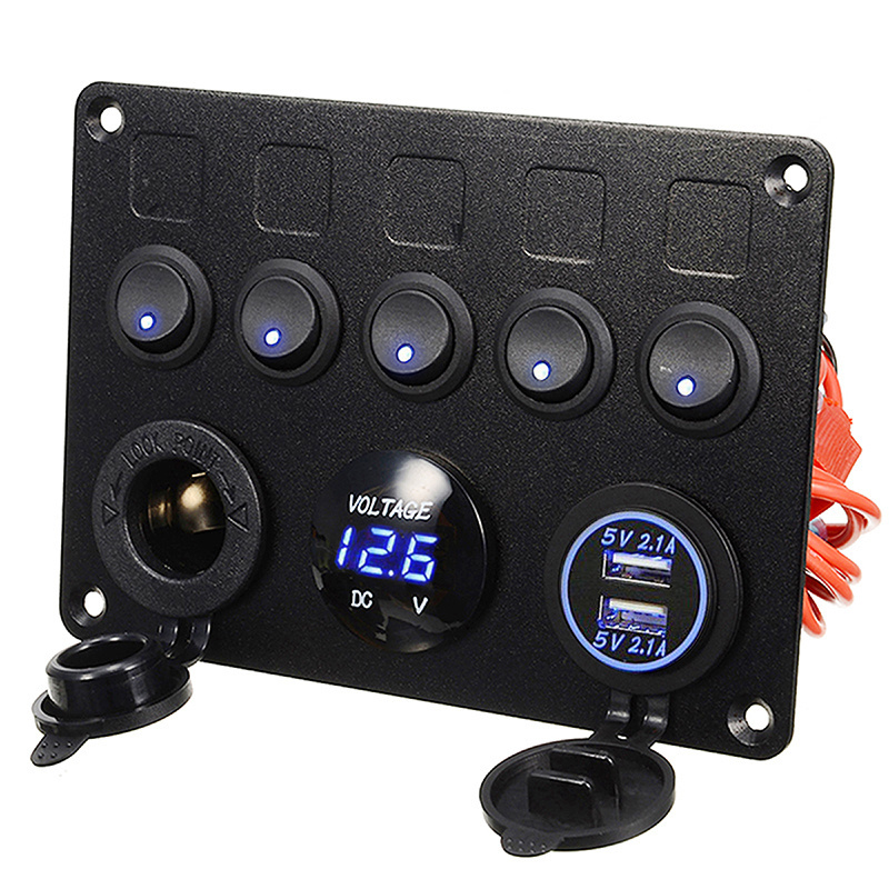 Universal LED 5 Rocker Switch USB Voltmeter Power Socket Panel Waterproof For 12V 24V Yacht Caravan Truck Marine Boat