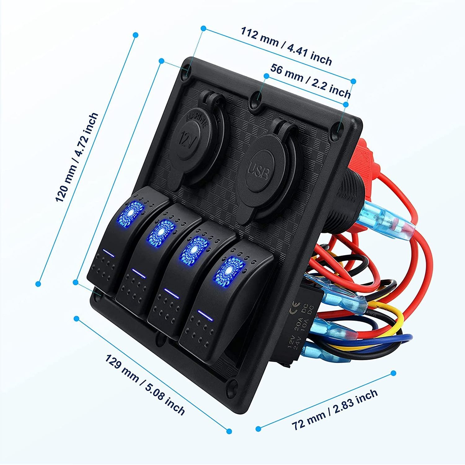 12V Boat Electrical Panel LED Lighted 4 Gang Marine Toggle Rocker Switch Panel for Car Boat RV Scooter Truck Vehicles