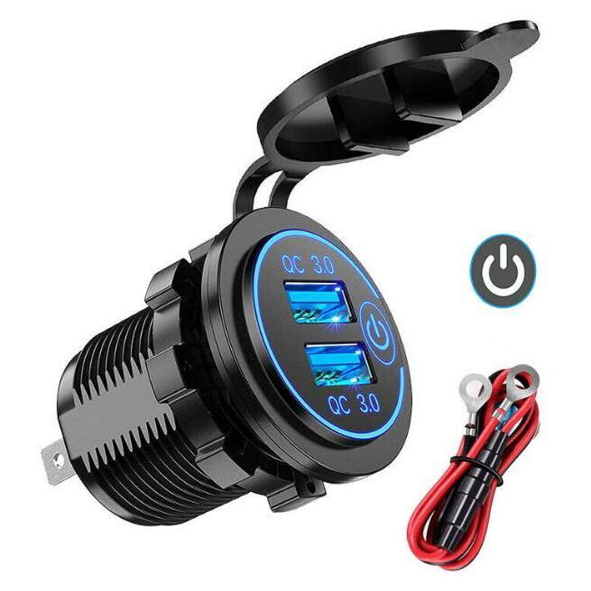 Blue LED 12V Car Cigarette Power Quick Socket Car Touch Switch Dual QC3.0 USB Fast Charger Socket Power Outlet LED