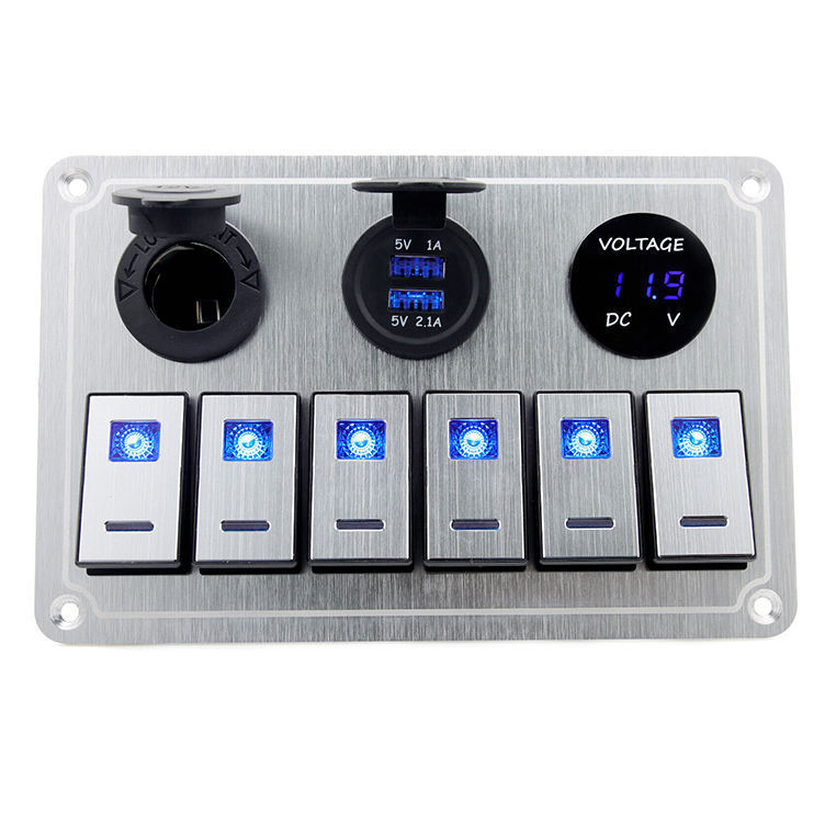 Custom Made Automotive Controle Switch Panel 12 Volt 24V 6 Gang Car Aluminium Switch Panel With Usb Socket Voltmeter