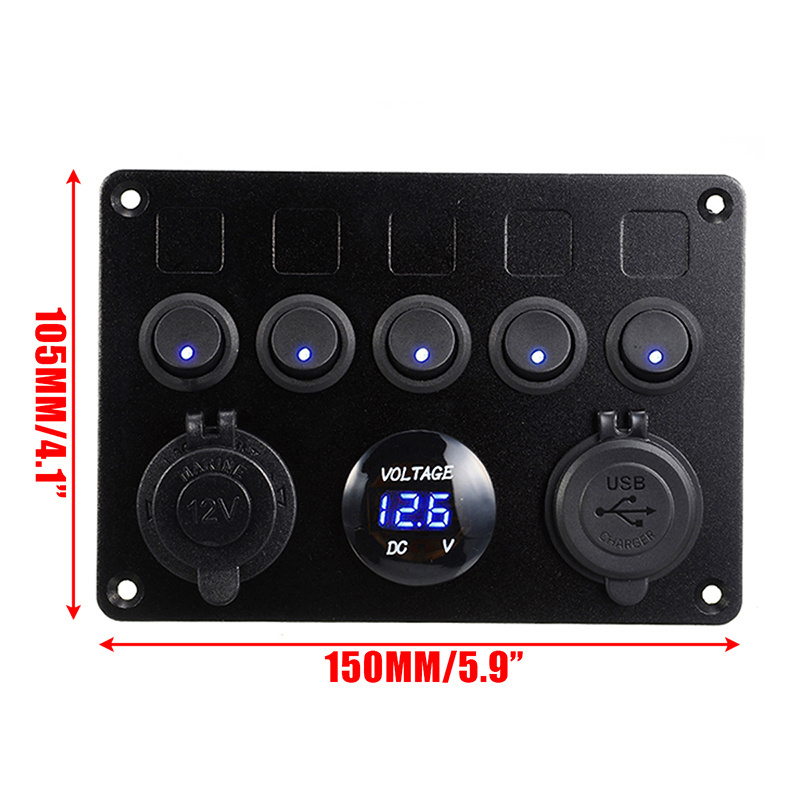 Universal LED 5 Rocker Switch USB Voltmeter Power Socket Panel Waterproof For 12V 24V Yacht Caravan Truck Marine Boat