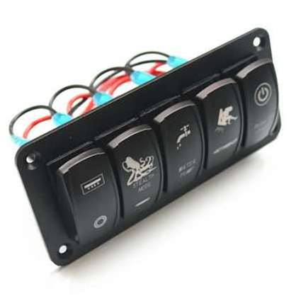 Boat Marine RV Truck Blue LED 12V to 24V Printed or Laser 5 Gang Aluminum ON-OFF Rocker Switch Panel