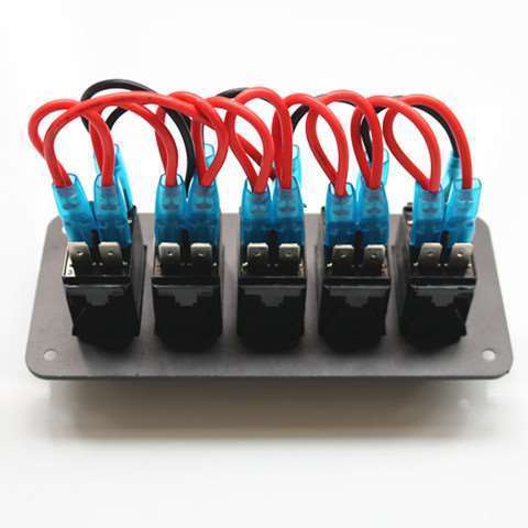 Boat Marine RV Truck Blue LED 12V to 24V Printed or Laser 5 Gang Aluminum ON-OFF Rocker Switch Panel