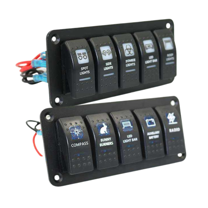 Boat Marine RV Truck Blue LED 12V to 24V Printed or Laser 5 Gang Aluminum ON-OFF Rocker Switch Panel