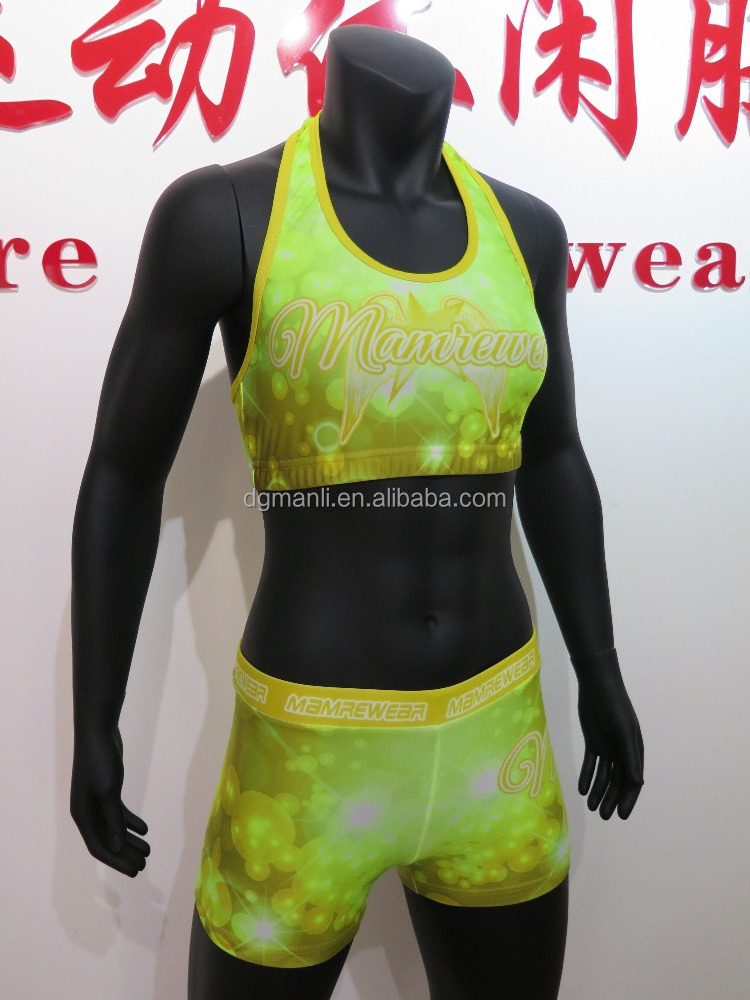 Fluorescent yellow cheerleading sports bra and skort,sublimation custom crop top and cheer short,Cheer Practice Wear