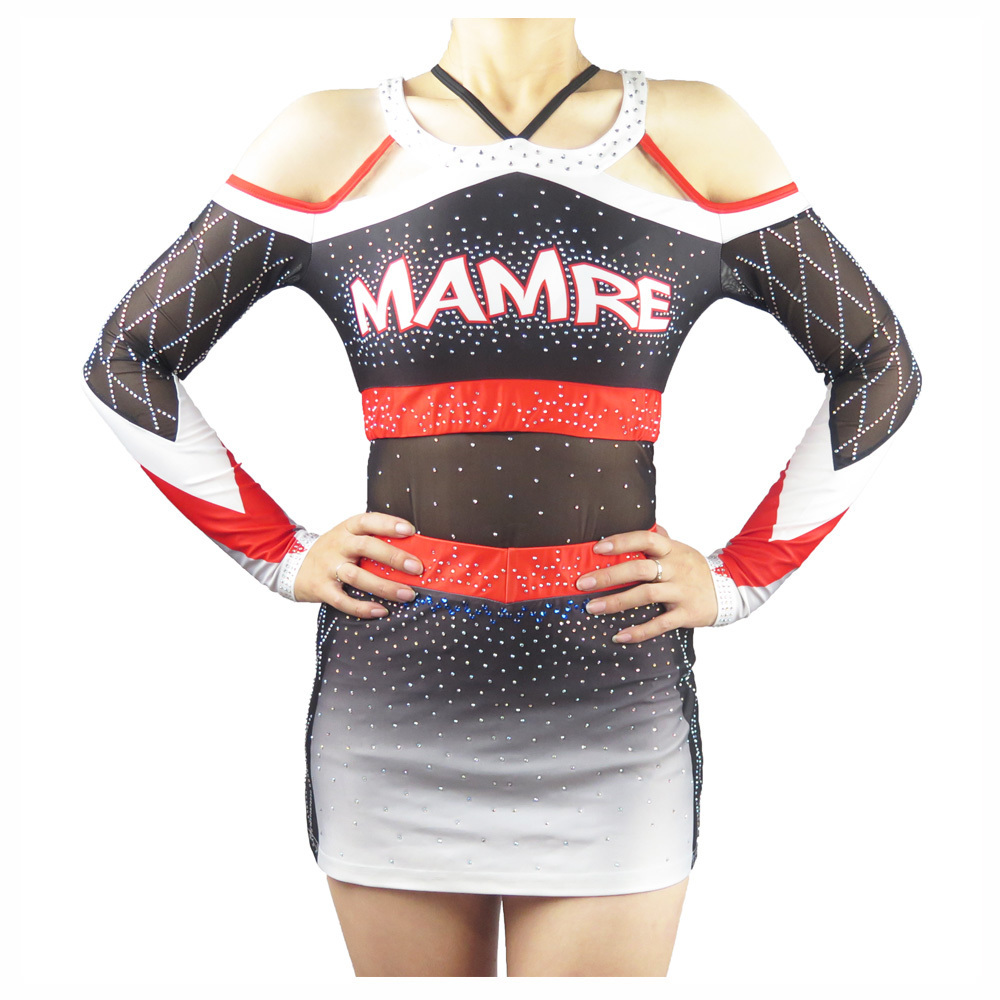 Red grey black cheer dance costumes long sleeve cheerleading uniforms for adult and kids cheerleading apparel