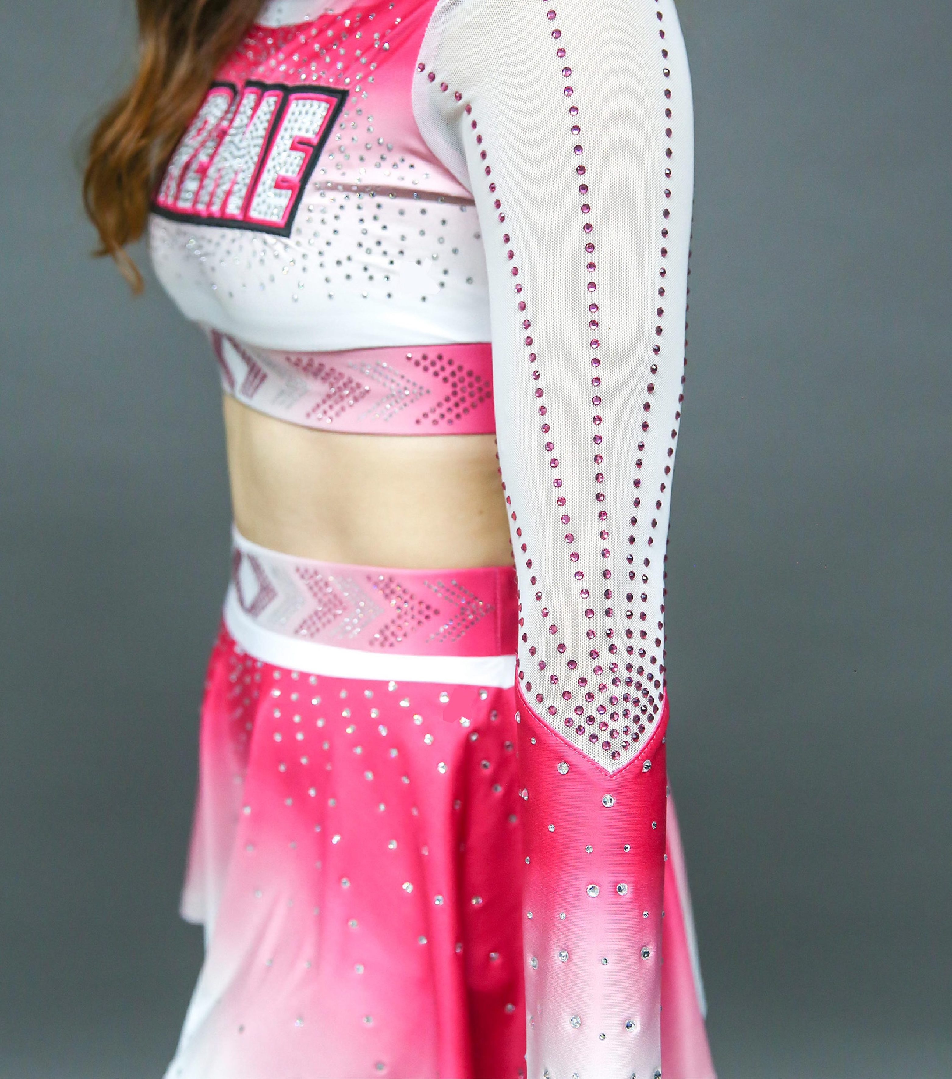 OEM Free Design Sublimation Mystique mesh Fabric pink Cheerleading Uniforms With AB Crystal Youth Cheer Team Outfit Floaty Skirt