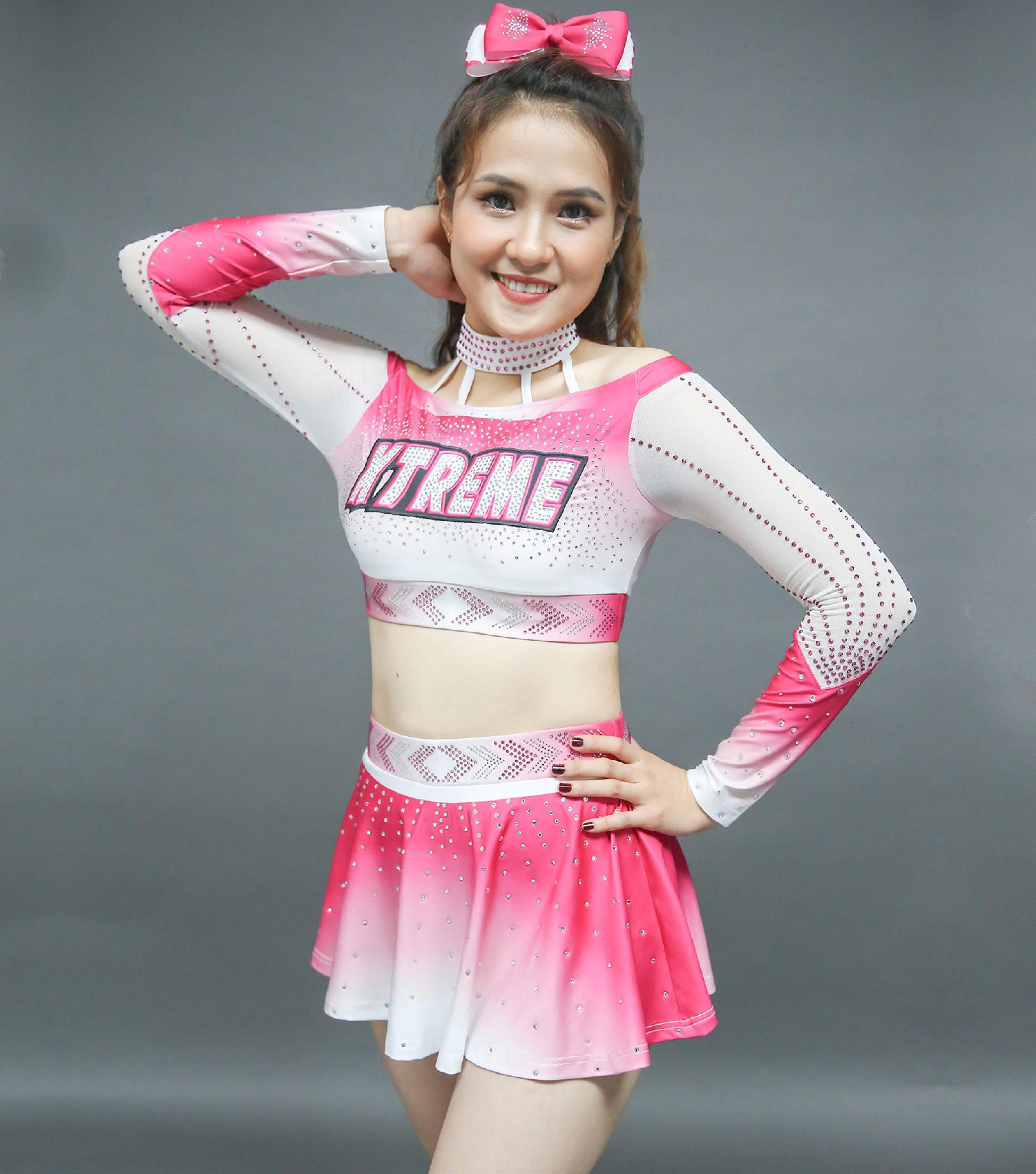 OEM Free Design Sublimation Mystique mesh Fabric pink Cheerleading Uniforms With AB Crystal Youth Cheer Team Outfit Floaty Skirt