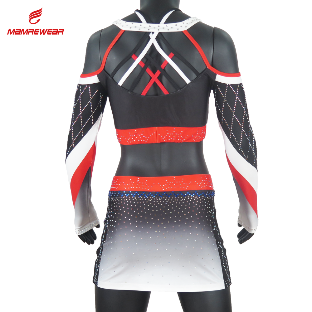 Red grey black cheer dance costumes long sleeve cheerleading uniforms for adult and kids cheerleading apparel