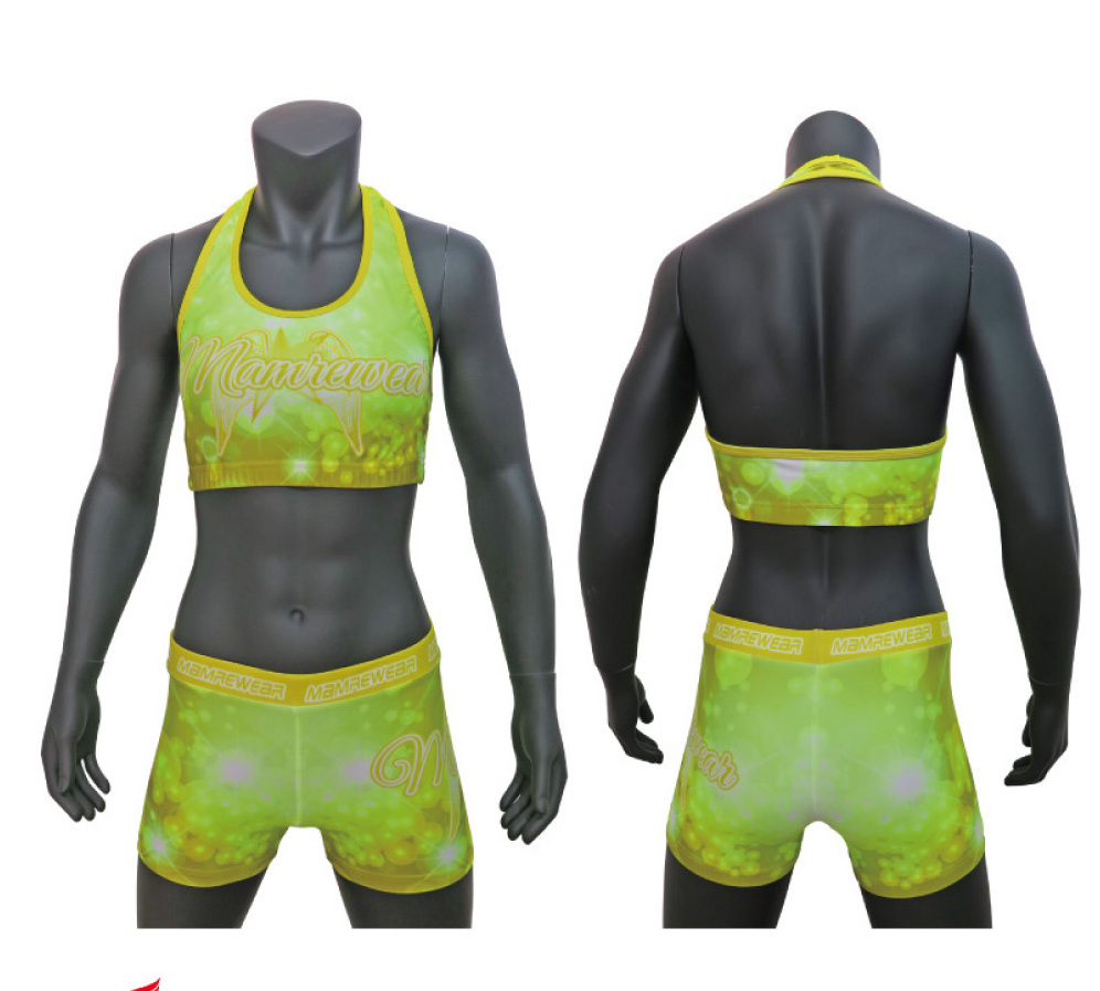 Fluorescent yellow cheerleading sports bra and skort,sublimation custom crop top and cheer short,Cheer Practice Wear