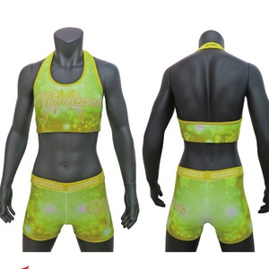 Fluorescent yellow cheerleading sports bra and skort,sublimation custom crop top and cheer short,Cheer Practice Wear