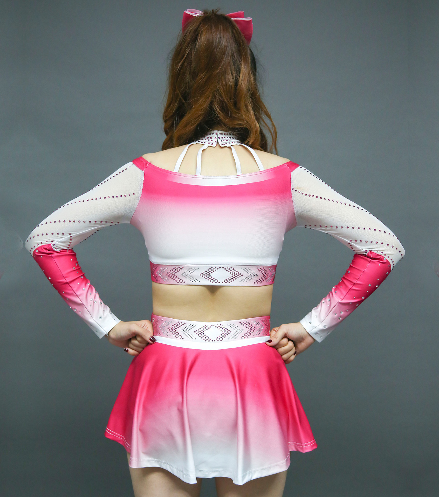 OEM Free Design Sublimation Mystique mesh Fabric pink Cheerleading Uniforms With AB Crystal Youth Cheer Team Outfit Floaty Skirt