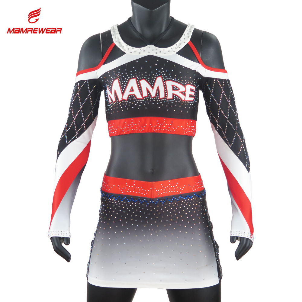 Red grey black cheer dance costumes long sleeve cheerleading uniforms for adult and kids cheerleading apparel