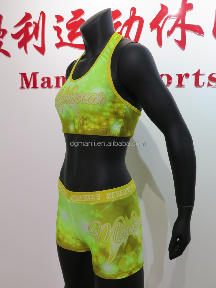 Fluorescent yellow cheerleading sports bra and skort,sublimation custom crop top and cheer short,Cheer Practice Wear