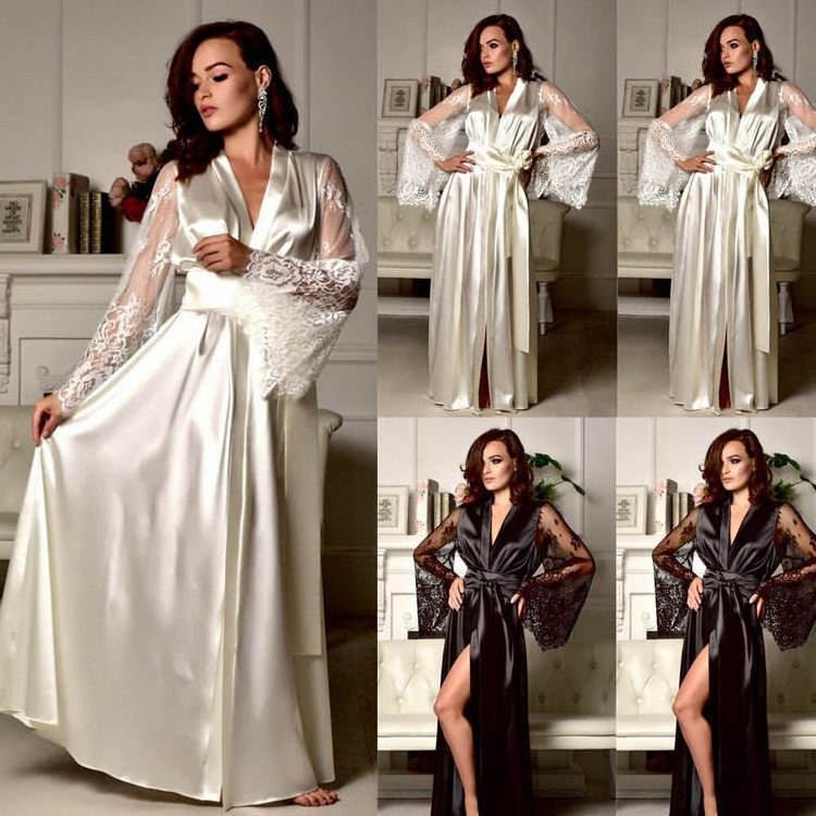 Long Elegant Lace Bridesmaid Robes Women Silk Satin Bridal Wedding Bride Kimono Dress