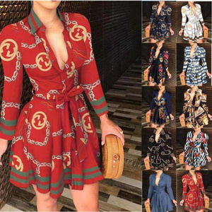 2024 summer ladies Longsleeve Long Dress plus size Womens office Positioning Print Swing Skirt Bohemian Retro Casual Dresses