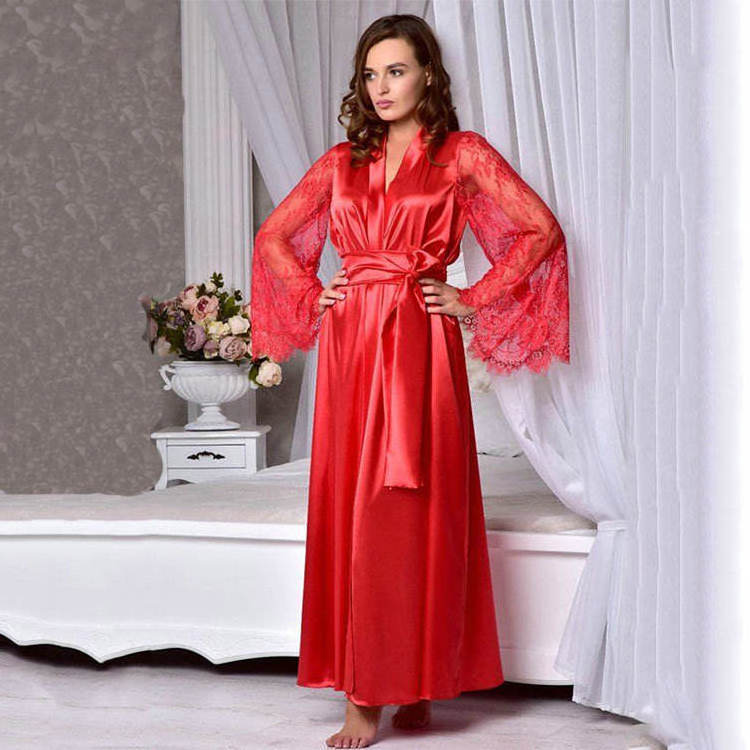 Long Elegant Lace Bridesmaid Robes Women Silk Satin Bridal Wedding Bride Kimono Dress