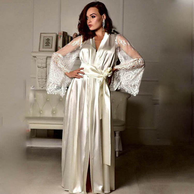 Long Elegant Lace Bridesmaid Robes Women Silk Satin Bridal Wedding Bride Kimono Dress