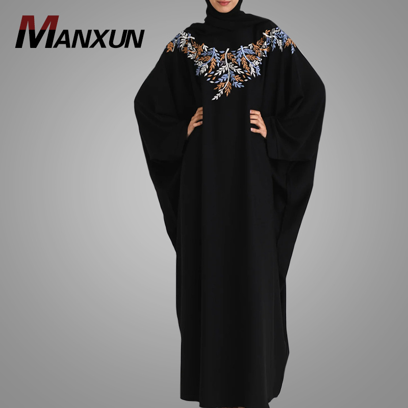 Beautiful Embroidered Batwing Sleeve Islamic Clothing Loose Black Muslim Kaftan Dress Turkish Moroccan Abaya Online