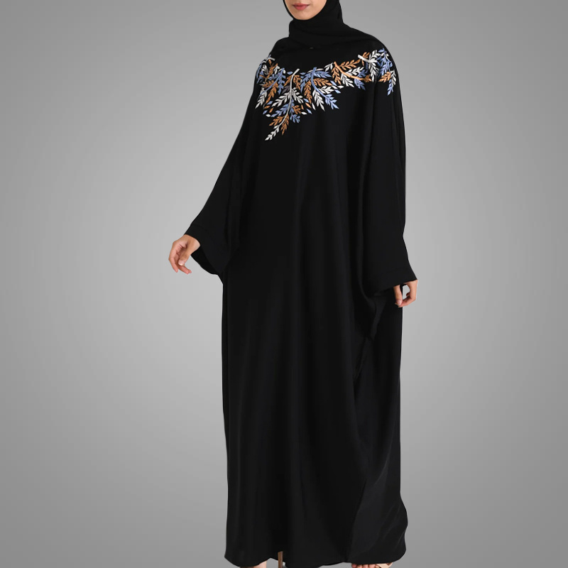 Beautiful Embroidered Batwing Sleeve Islamic Clothing Loose Black Muslim Kaftan Dress Turkish Moroccan Abaya Online