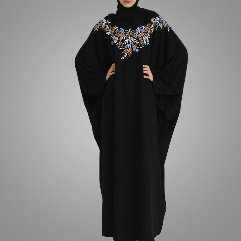 Beautiful Embroidered Batwing Sleeve Islamic Clothing Loose Black Muslim Kaftan Dress Turkish Moroccan Abaya Online