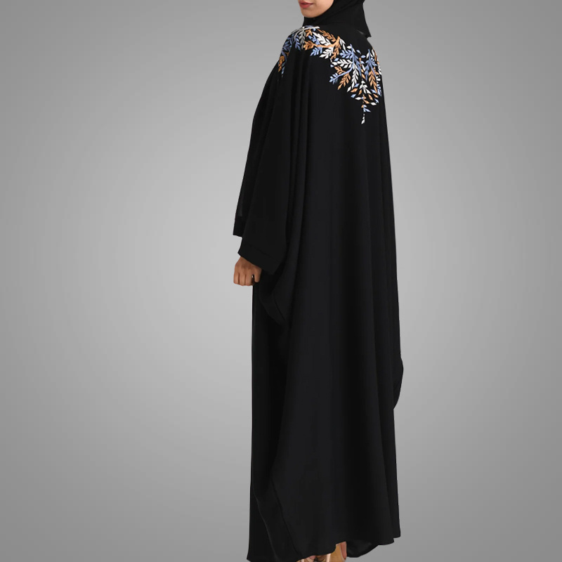 Beautiful Embroidered Batwing Sleeve Islamic Clothing Loose Black Muslim Kaftan Dress Turkish Moroccan Abaya Online