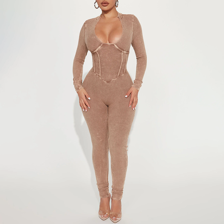 OEM wholesale women long sleeve ribbed bodycon jumpsuit knitted private  label one piece vintage wash  jumpsuits women 2023