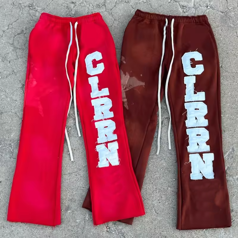 Custom Logo Stacked Flare Sweat Pants Acid Wash Mens Jogger Flared Cargo Bulk Applique Graphic Embroidered Patches Pants