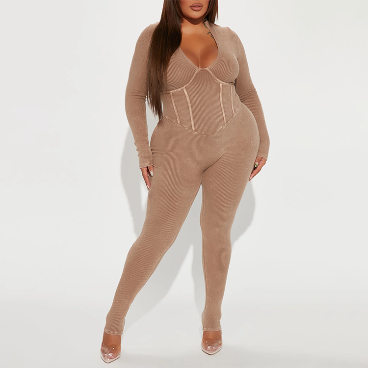 OEM wholesale women long sleeve ribbed bodycon jumpsuit knitted private  label one piece vintage wash  jumpsuits women 2023