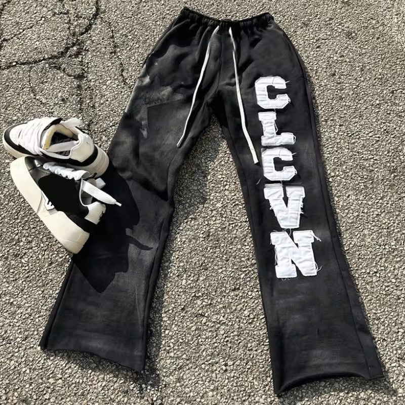 Custom Logo Stacked Flare Sweat Pants Acid Wash Mens Jogger Flared Cargo Bulk Applique Graphic Embroidered Patches Pants