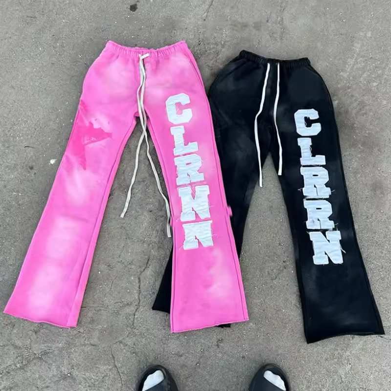 Custom Logo Stacked Flare Sweat Pants Acid Wash Mens Jogger Flared Cargo Bulk Applique Graphic Embroidered Patches Pants