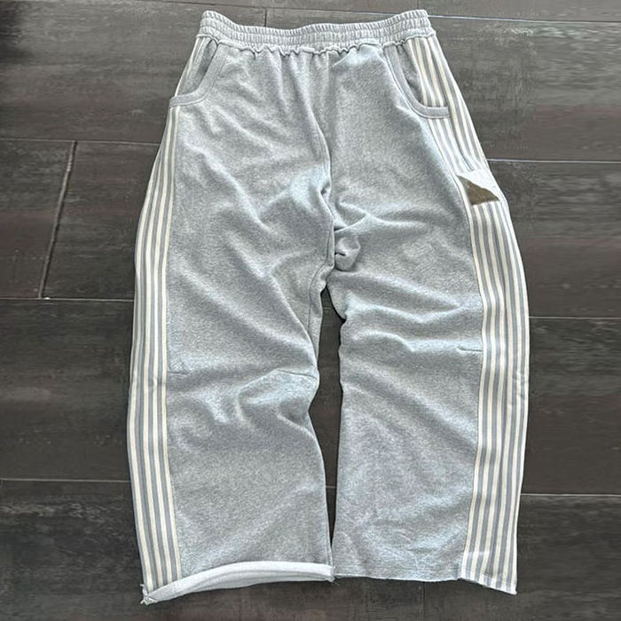 Oem Custom Straight Leg Sweatpants Men Custom Striped Side Oversized Wide Leg Track Pants Raw Hem Jersey Sweatpants For Men