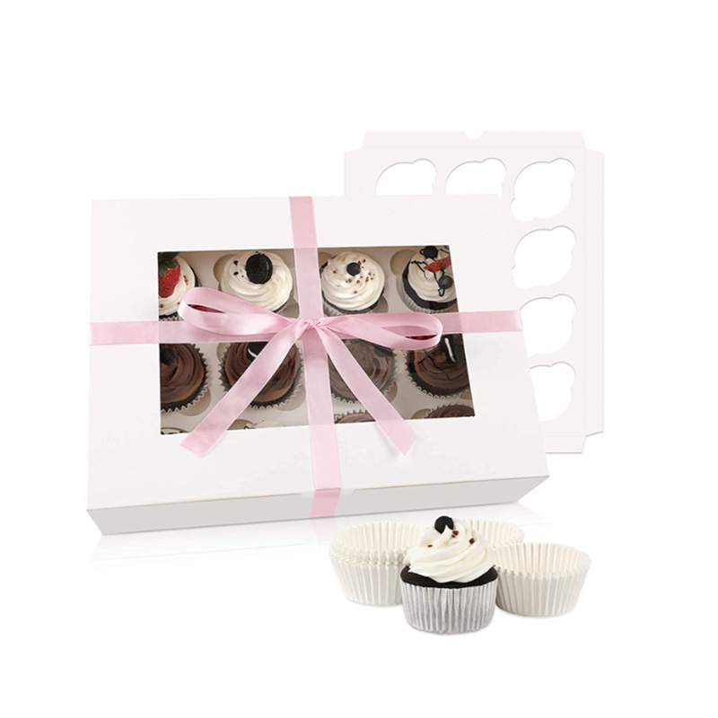 Cheap custom 12 hole cupcake holder boxes white paper muffin cupcake packaging bakery cake box with inserts and clear window