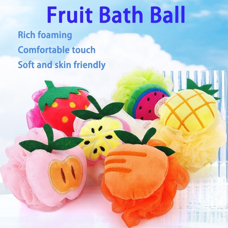 Eco-friendly soft Mesh Baby body bath sponge fruit shape shower puff kids cleaning sponge