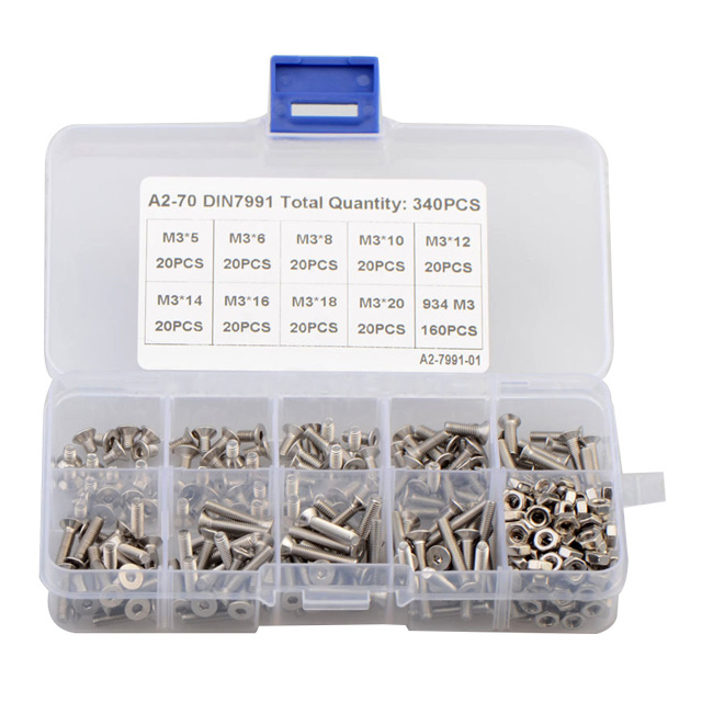 340pcs M3 is specially supplied for 304 stainless steel countersunk head hexagon screw and nut combination box