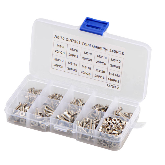 340pcs M3 is specially supplied for 304 stainless steel countersunk head hexagon screw and nut combination box