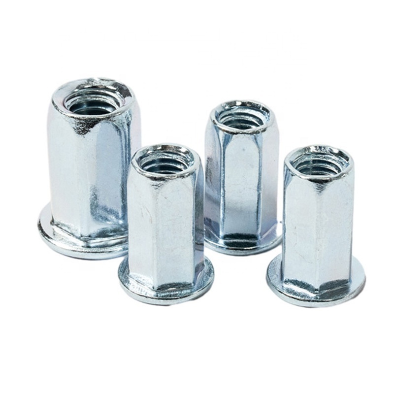 High Quality Good Price  Carbon Steel m4 m5 m6 m8 m10 m12 Flat Head Full Hexagonal Body Blue Zinc Plated  Rivet Nut