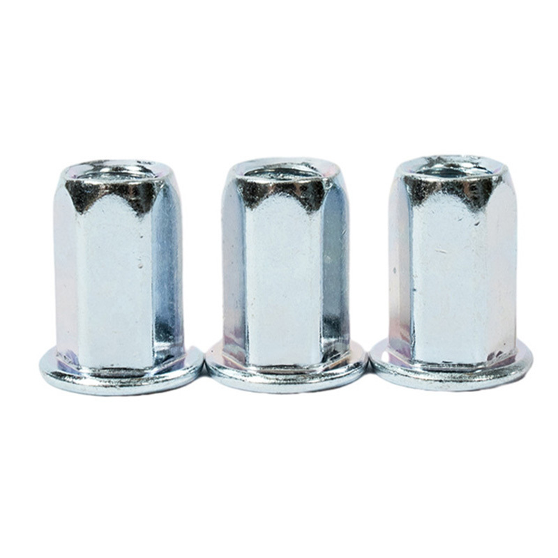 High Quality Good Price  Carbon Steel m4 m5 m6 m8 m10 m12 Flat Head Full Hexagonal Body Blue Zinc Plated  Rivet Nut