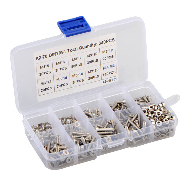 340pcs M3 is specially supplied for 304 stainless steel countersunk head hexagon screw and nut combination box