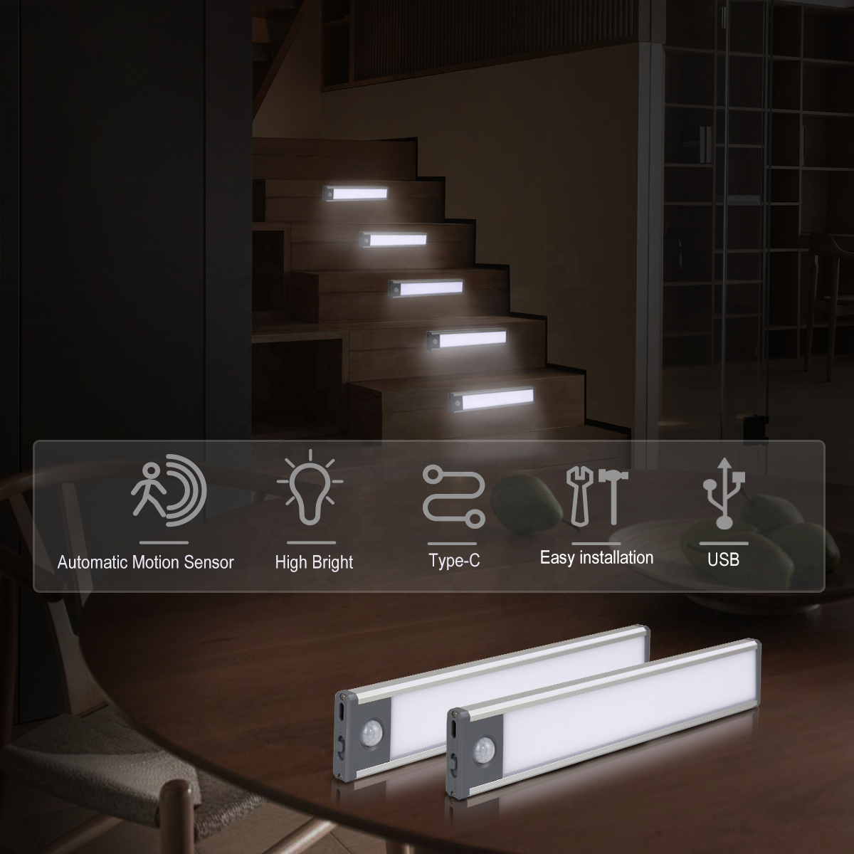 Rechargeable Motion Sensor Light Intelligent Indoor Dimmer 240MM LED Under Cabinet Light For Closet Hallway Stair Kitchen