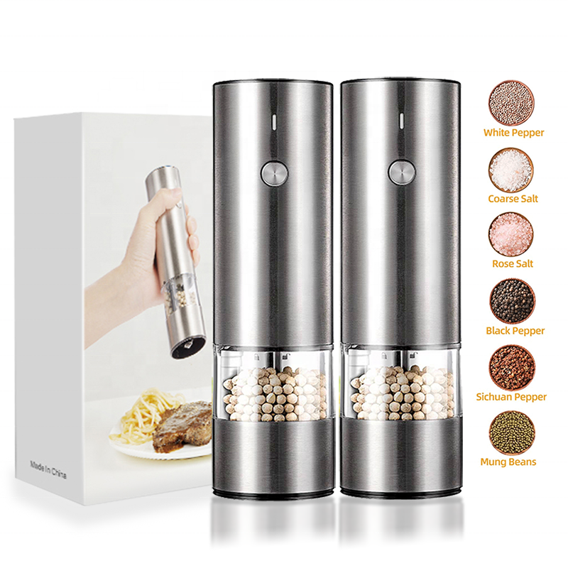 USB Rechargeable Stainless Steel Automatic Electric Salt and Pepper Grinder Set Ceramic Grinding Core Pepper Mill with LED Light