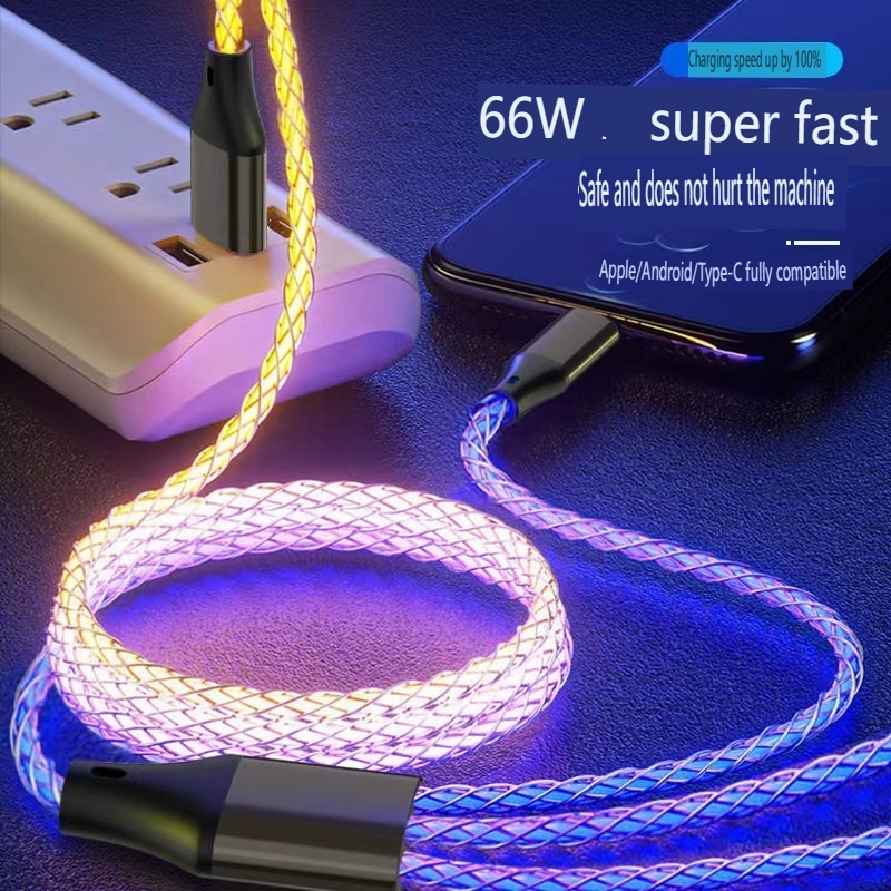 RGB 66W Flowing  Light Up Charger Luminous Car Cable Led Light Charging USB C Data Cable