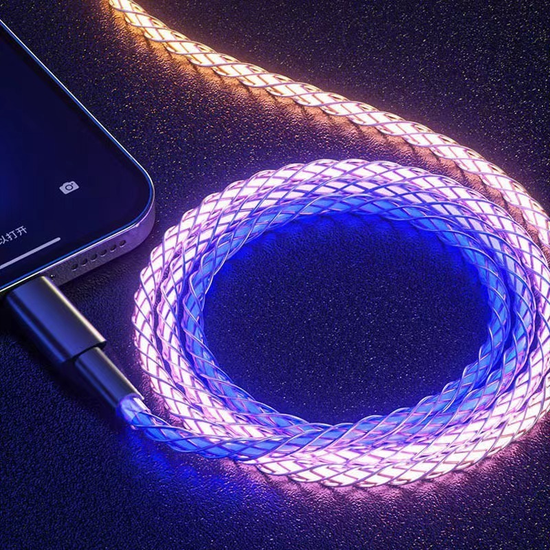 RGB 66W Flowing  Light Up Charger Luminous Car Cable Led Light Charging USB C Data Cable