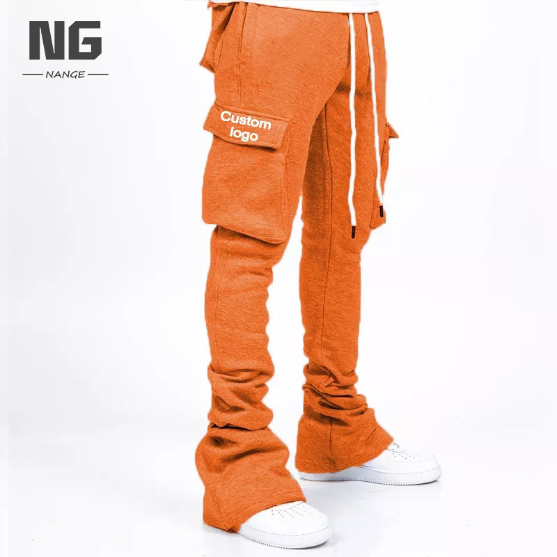 Streetwear Multi Pockets Flare Cargo Stack Sweat pants Slim Fitting Cotton Custom Logo Men Stacked Flared Pants