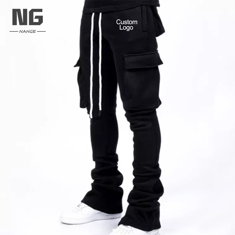 Streetwear Multi Pockets Flare Cargo Stack Sweat pants Slim Fitting Cotton Custom Logo Men Stacked Flared Pants