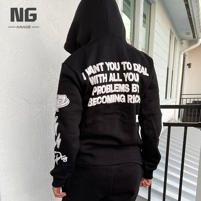 Custom Puff Print Sweatsuit Black Streetwear Hip Hop Sweatpants And Hoodies Set 3d Puff Track suit For Men