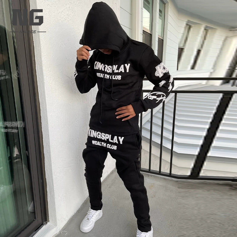 Custom Puff Print Sweatsuit Black Streetwear Hip Hop Sweatpants And Hoodies Set 3d Puff Track suit For Men