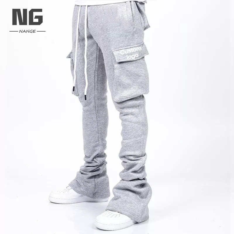 Streetwear Multi Pockets Flare Cargo Stack Sweat pants Slim Fitting Cotton Custom Logo Men Stacked Flared Pants