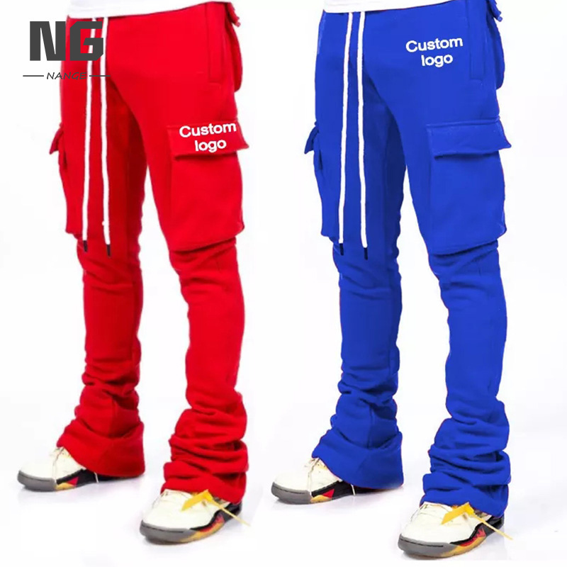 Streetwear Multi Pockets Flare Cargo Stack Sweat pants Slim Fitting Cotton Custom Logo Men Stacked Flared Pants