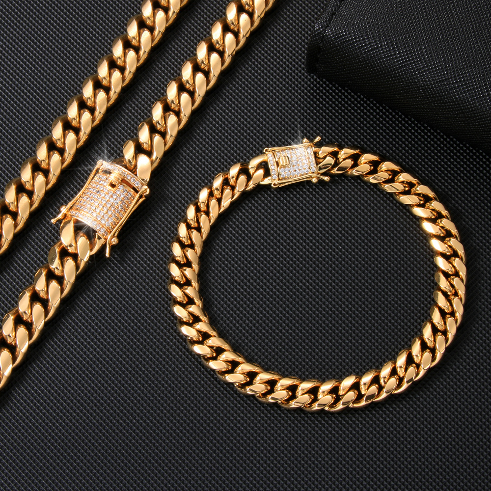 Hip Hop Stainless Steel 18k Gold Plated Miami Cuban Curb Chain Cuban Link Chain Necklace Bracelet For Men Women